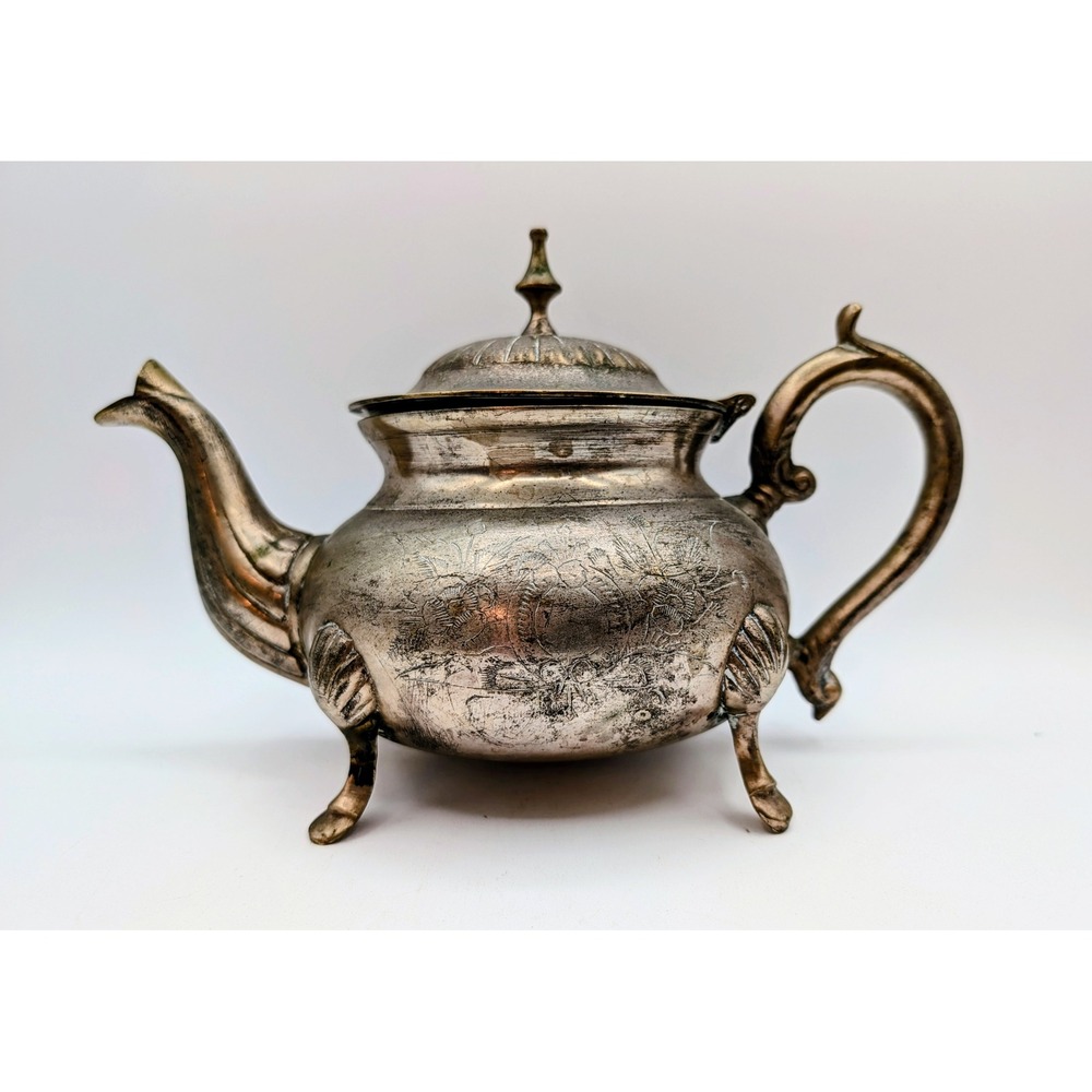Vintage Ornate Moroccan Etched Silver Plate Footed Teapot with Floral Design